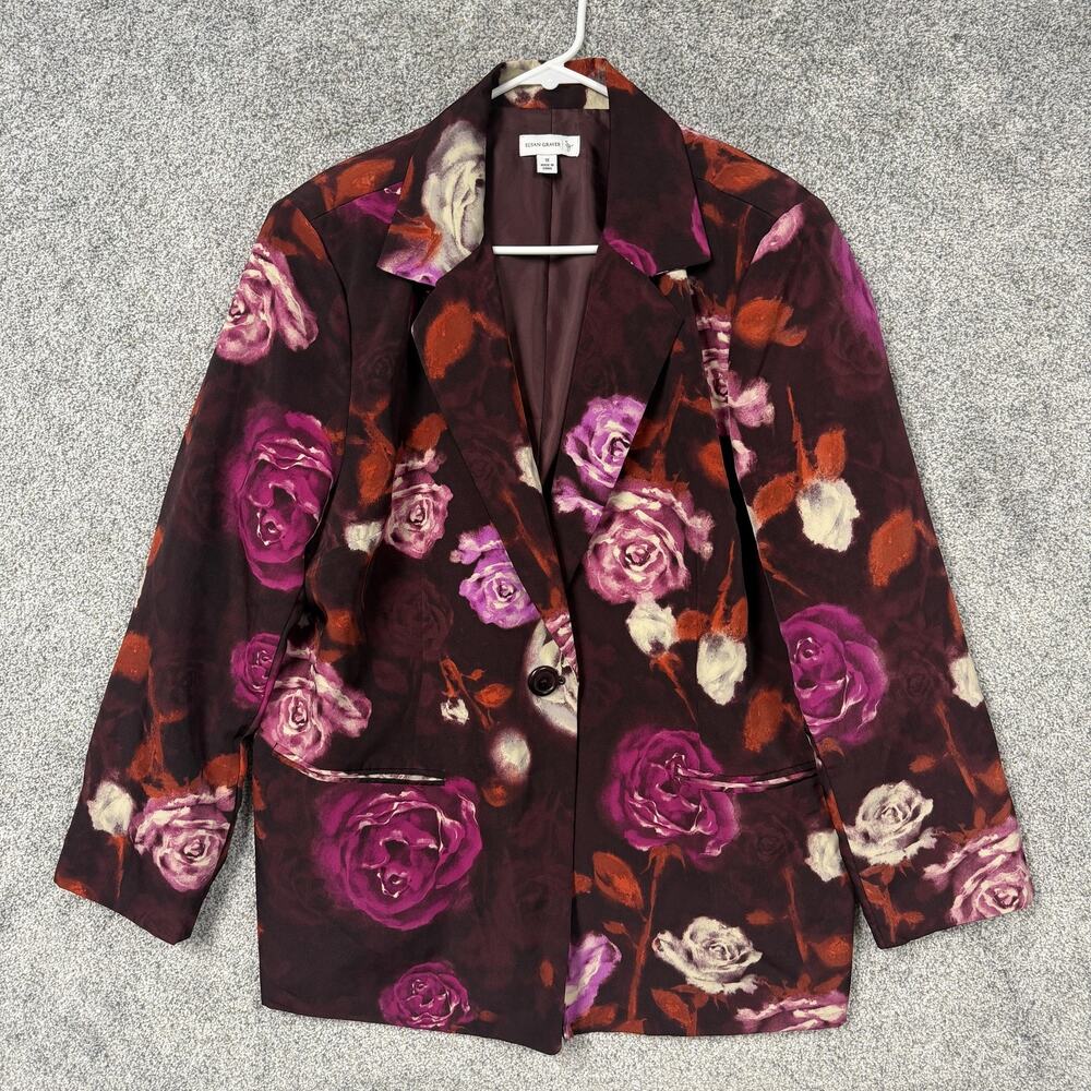Susan Graver Blazer Womens 1X Plus Burgundy Floral Whimsigoth Office Chic